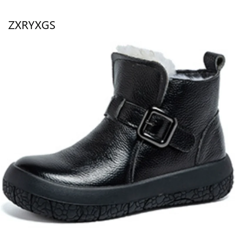 

ZXRYXGS Classic Retro Genuine Leather Wool Boots Women Snow Boots Flat Thick Sole New 2025 Winter Comfortable Warm Cotton Boots