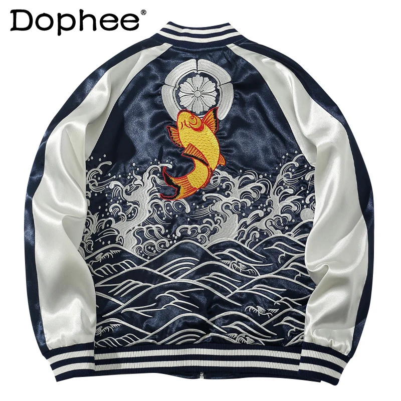 Men's 2024 Spring Autumn Waves Fish Yokosuka Embroidered Men's Women's Chic Jackets Baseball Clothes Contrast Colors Trendy Tops