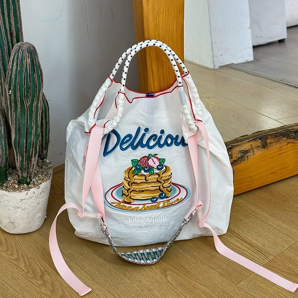 Cartoon Embroidered Nylon Shopping Bag Women's Handbag Large Capacity Foldable Eco-friendly Tote Bag round Shape Business Bag