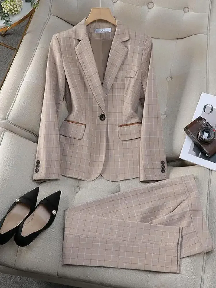 

Женский костюм, деловая одежда, весна-осень 2023, новый элегантный пиджак в клетку в стиле ретро, пальто и широкие брюки с высокой талией, комплект из двух предметов