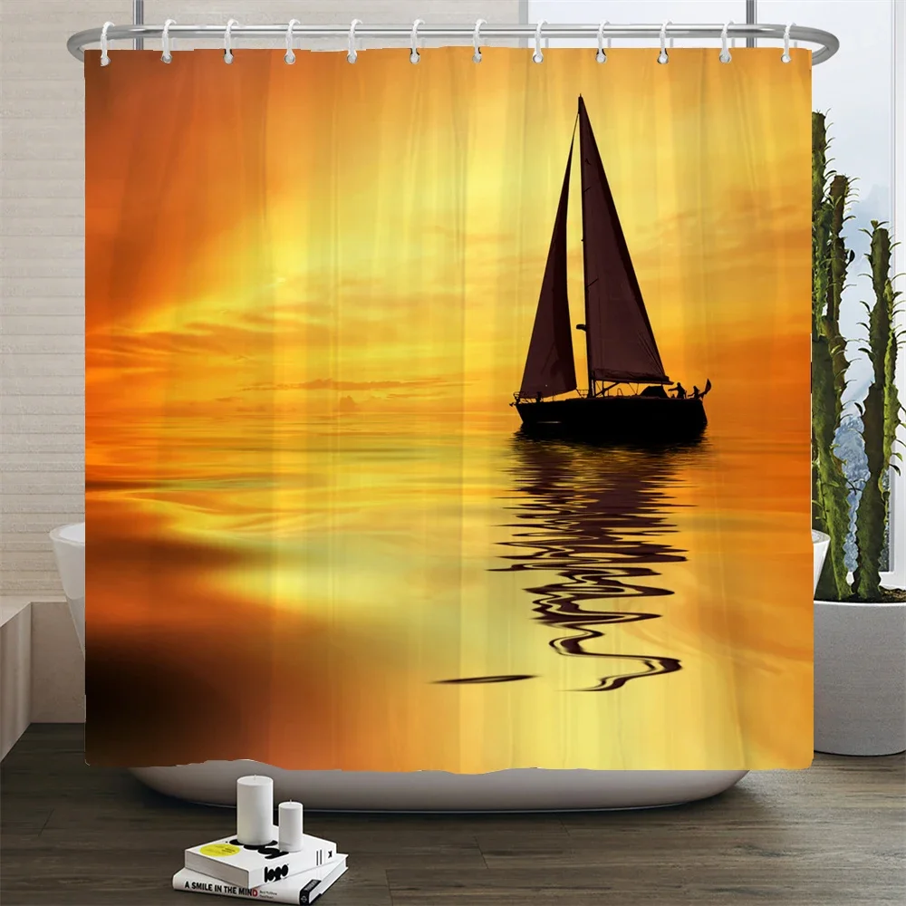 Sailboat Waterproof Bathroom Shower Curtains Sea Navigation Bath Curtains 3d Printing With Hooks 180*180cm Washable Cloth