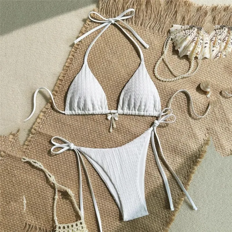 

New Halter String Triangle Micro Bikini Thong Solid Swimwears Bow Pearl Sexy Swimsuit Women Bathing Suit Bikinis Sets