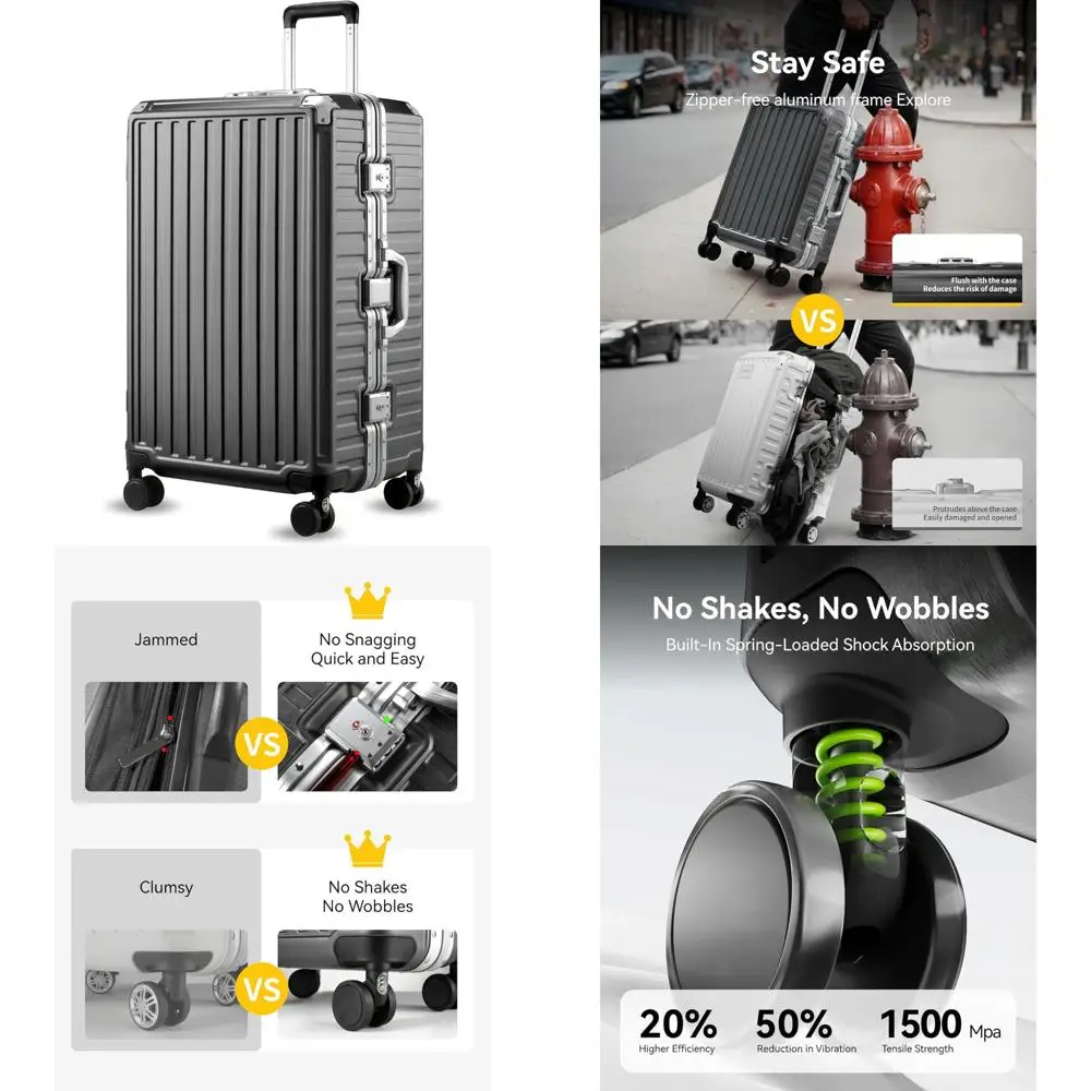 

28 inch spinner luggage with aluminum frame, zipperless polycarbonate hard shell, charcoal metal finish