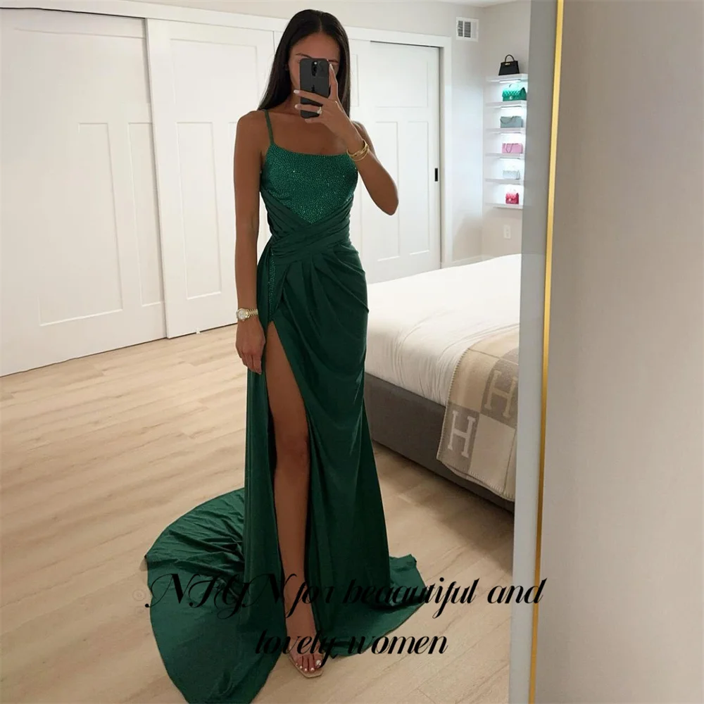 

NFYN Green Mermaid Shiny Women's Evening Dress Stain Pleat Night Dresses for Women Spaghetti Strap Formal Dresses Customized