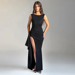New Backless Sexy Elegant Evening Dress with Round Neck and High Slit for Parties and Clubs, Solid Color Long Dress with a Casual and Elegant Vibe