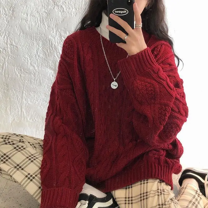 Red Vintage Knitted Sweaters Autumn Winter Pullovers for Women Chic Baggy Students Korean Style Aesthetic College Stylish Basic