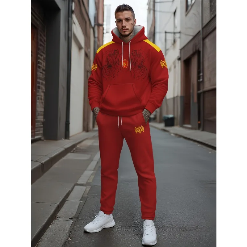 2025 Primavera e autunno Abbigliamento sportivo casual Felpa con cappuccio regolare da uomo stampata in 3D e felpa Set da due pezzi