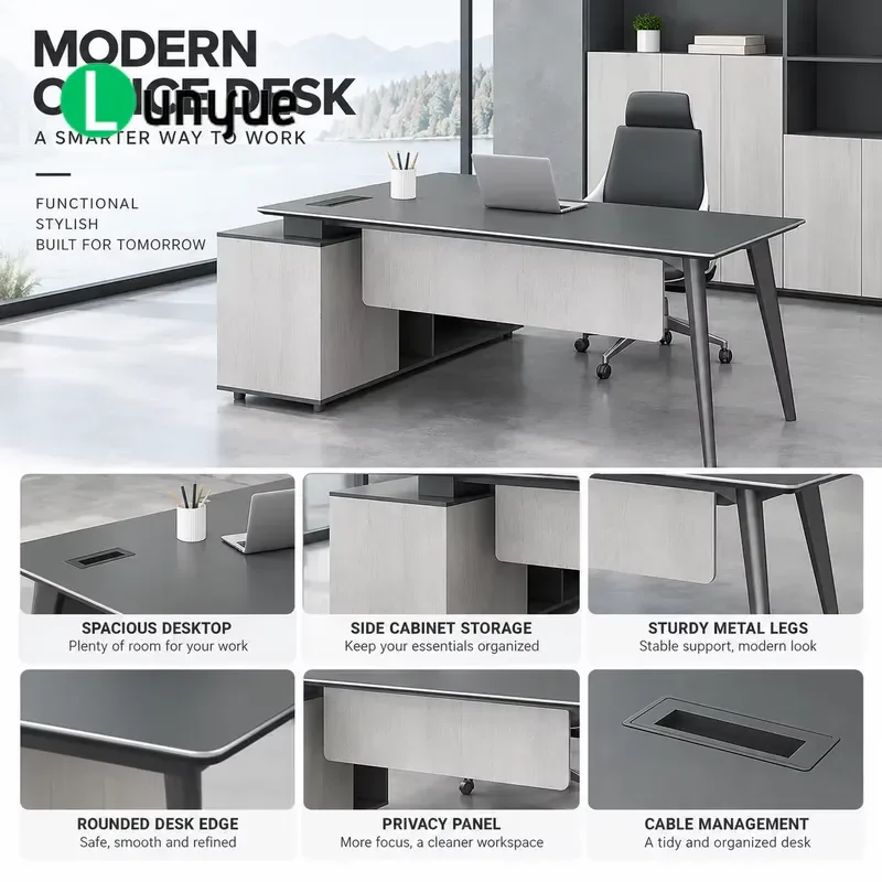 Modern Executive Desk with Side Locker Cable Management Imitation Wood Finish for CEO Manager Office Furniture Professional