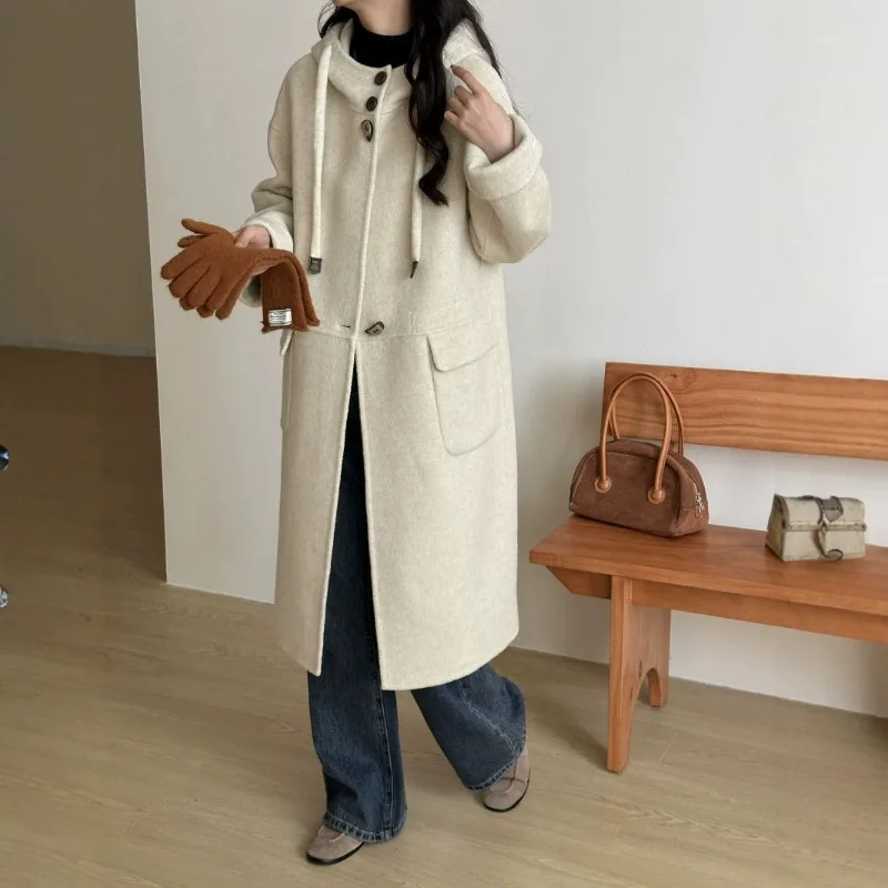

Horn Buckle Drawstring Hooded Solid Color One Button Extended Double-sided Wool Coat Woolen Coat