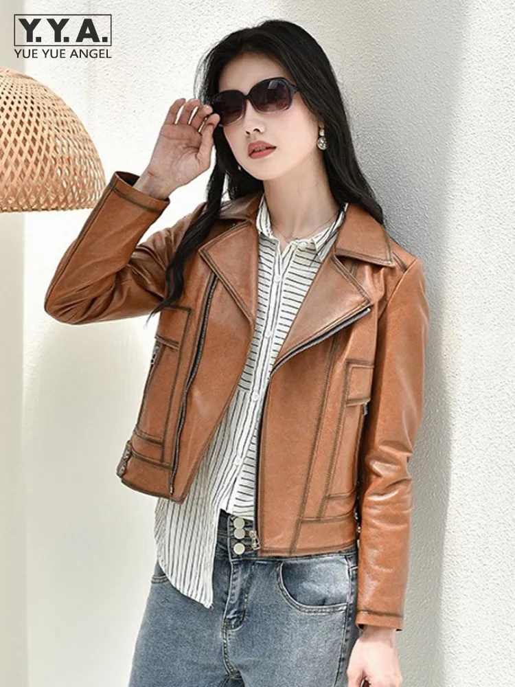 Fashion Women Spring Sheepskin Genuine Leather Jacket Short Slim Fit Office Ladies Outwear Coat Zipper Autumn Windproof Jacket