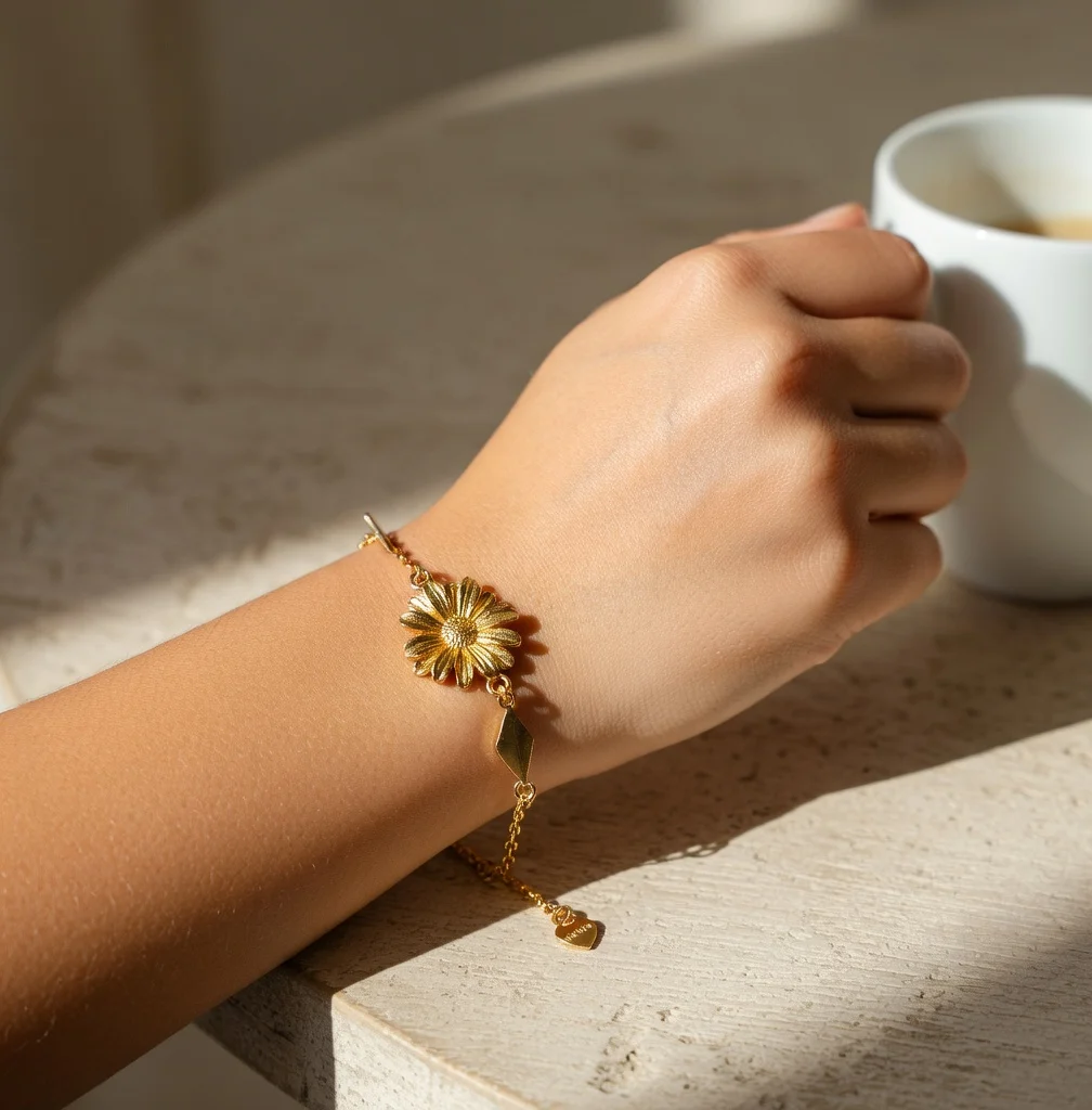 

Luxury 24K Real Gold Daisy Sunflower Charm Bracelet for Women Fresh Sweet Versatile Ins Style Fine Jewelry Gift