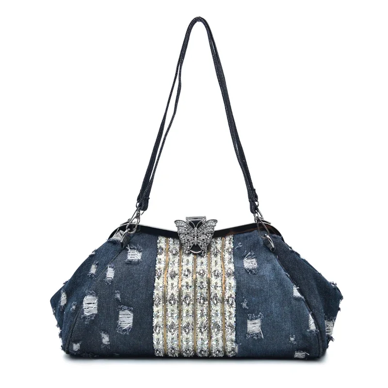 Fashion luxury Women Handbags Denim Cloth Butterfly Clip With Diamond Shoulder Bags Solid Crossbody Bags For Women