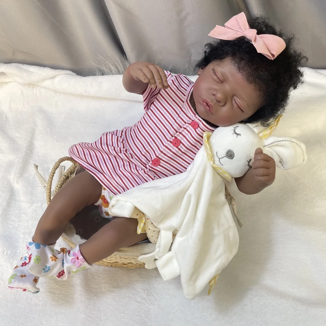 

19Inch Lifelike African American Doll Romy Black Skin Reborn Baby Finished Newborn With Rooted Hair Handmade Toy Gift For Girls