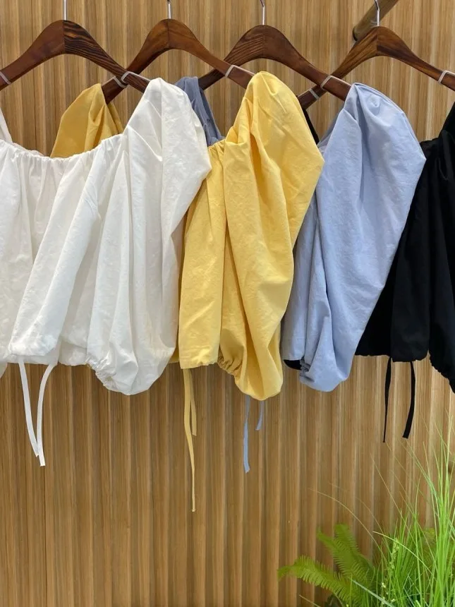 

East Gate Small Ins Pure Color Bubble Sve oulder Bared Belted One oulder irt Trendy Women's Knitwear Spring 2025