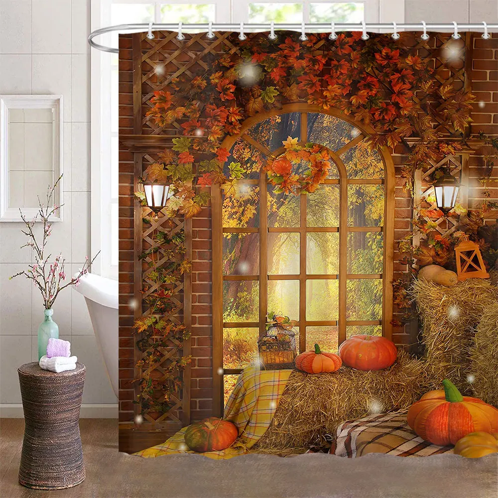 Fall Shower Curtains for Bathroom Autumn Pumpkin Harvest Farmhouse Thanksgiving Halloween Shower Bath With Hooks Bathroom Decor