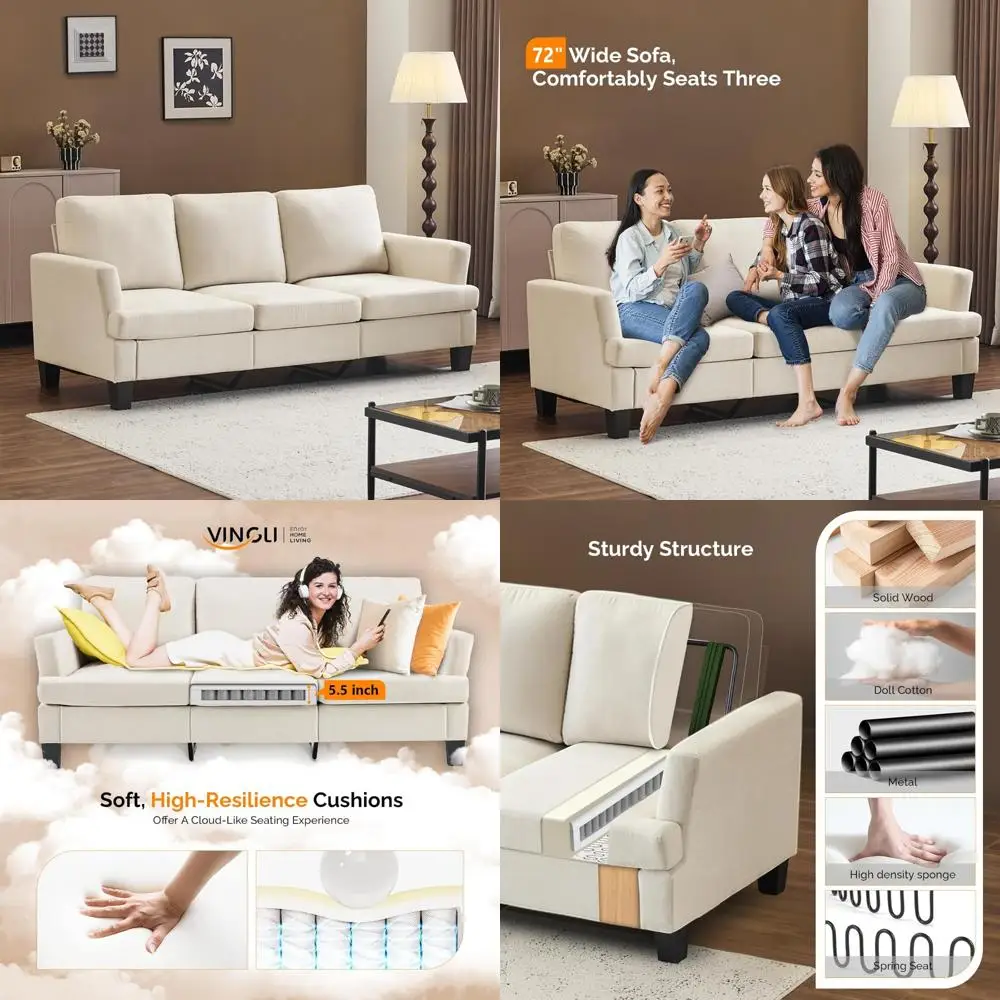 Vingli White 83 Sofa, Modern 3-Seater Faux Suede Couch with Deep 25.6 Seat for Comfortable Living Room Seating