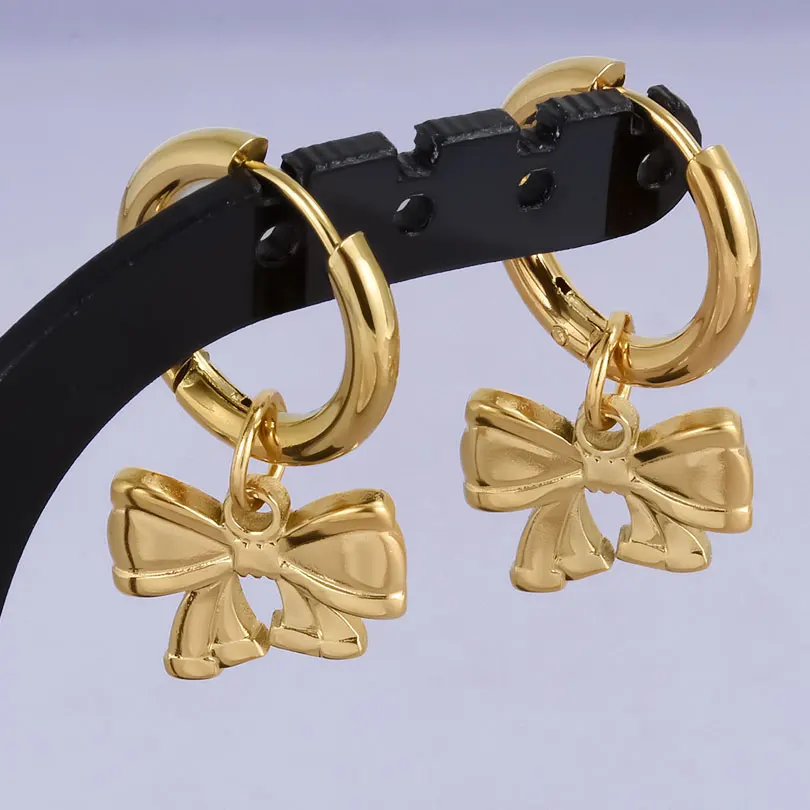 Echt vergoldet Mode Kpop Piercing Schmuck Mädchen Schleife Blume Herz Anhänger Ohrring Edelstahl Creolen für Frauen – Detail 14