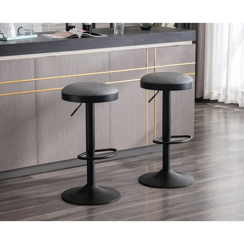 Swivel Bar Stools Set of 3 Adjustable Counter Height Backless Barstools with Metal Base Leather Upholstered Round Bar Chairs