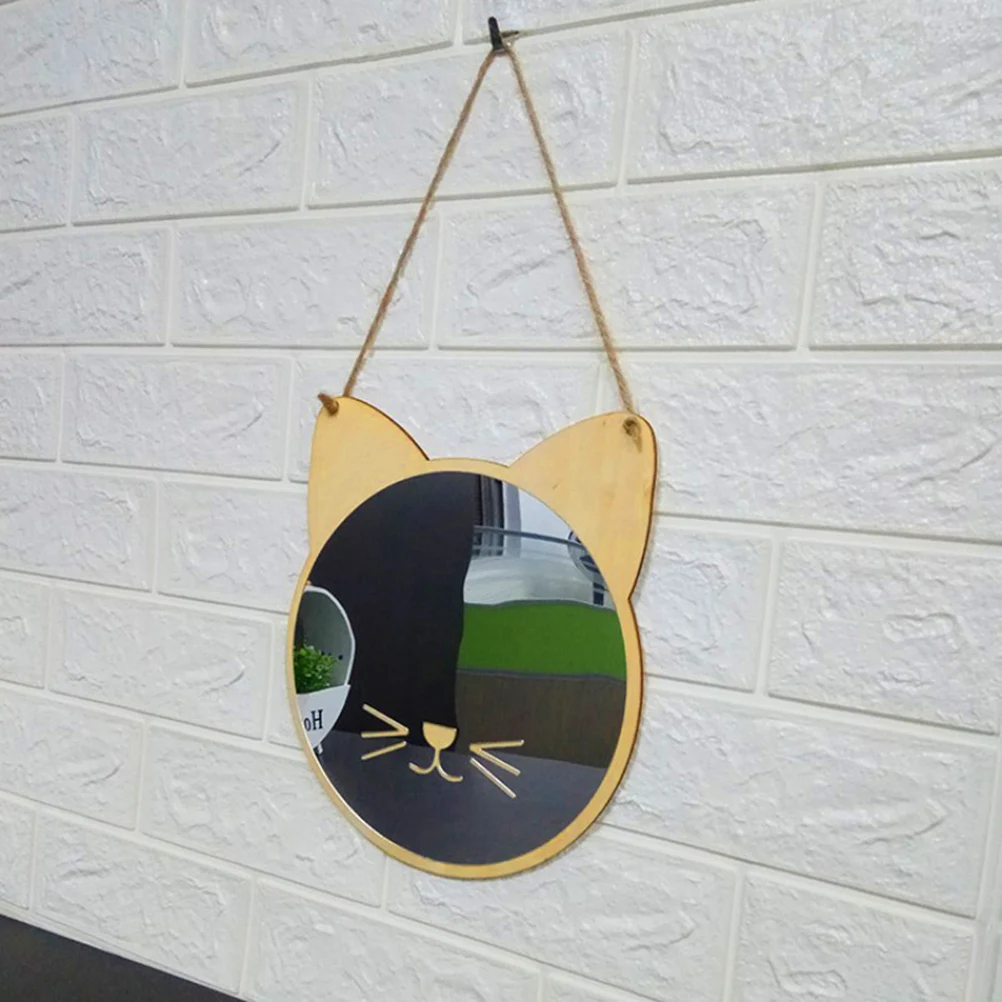 

Acrylic Wall Mirror Wooden Cat Shape Hanging Mirror Cartoon Style Safe Removable Lightweight Reflective Surface String Included