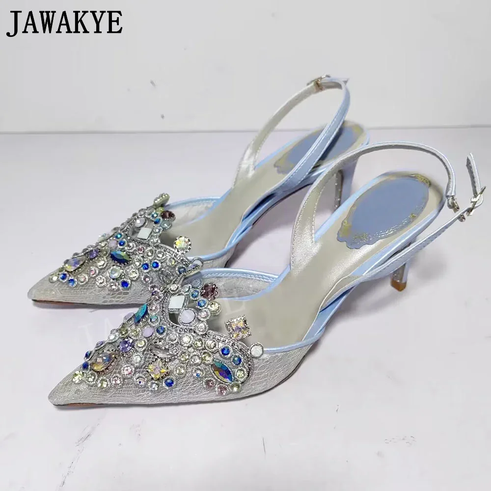 Hot Sale Summer Women Laces High Heels  Pointy Toe Crystal Studded Mesh Sandals Gold Slingback Banquet Shoes Sexy Women Pumps