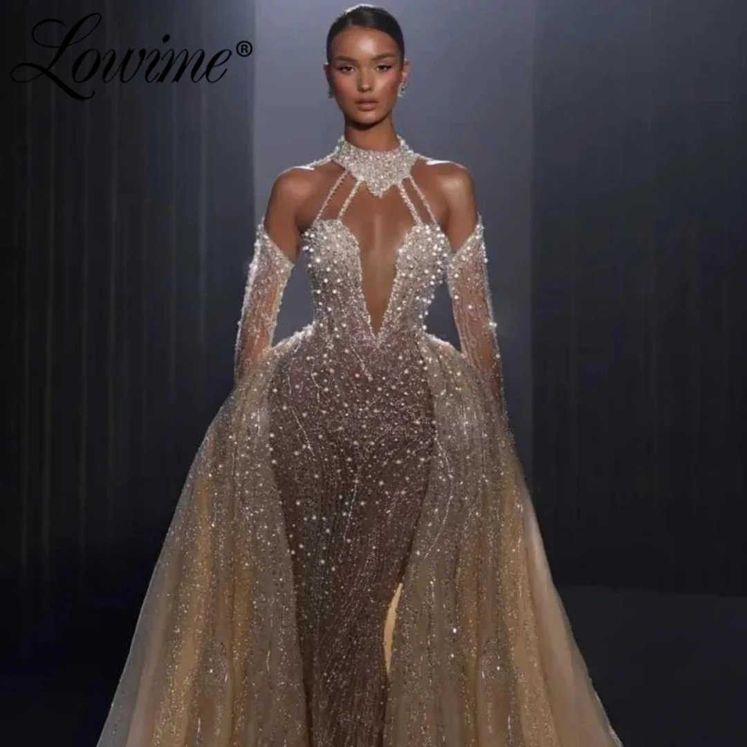 

2026 Customized High Fashion Mermaid Long Celebrity Dresses Off The Shoulder Champagne Sparkle Crystals Beaded Prom Party Dress
