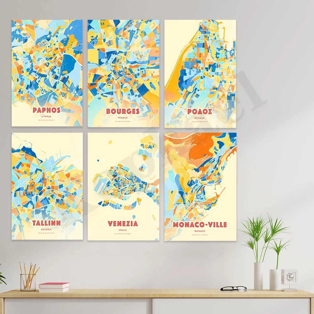 Larnaca Monaco Eindhoven Zagreb Venice Orleans Le Mans Tallinn Liberec Rhodes Bourges Paris Papho. City Color Map Poster