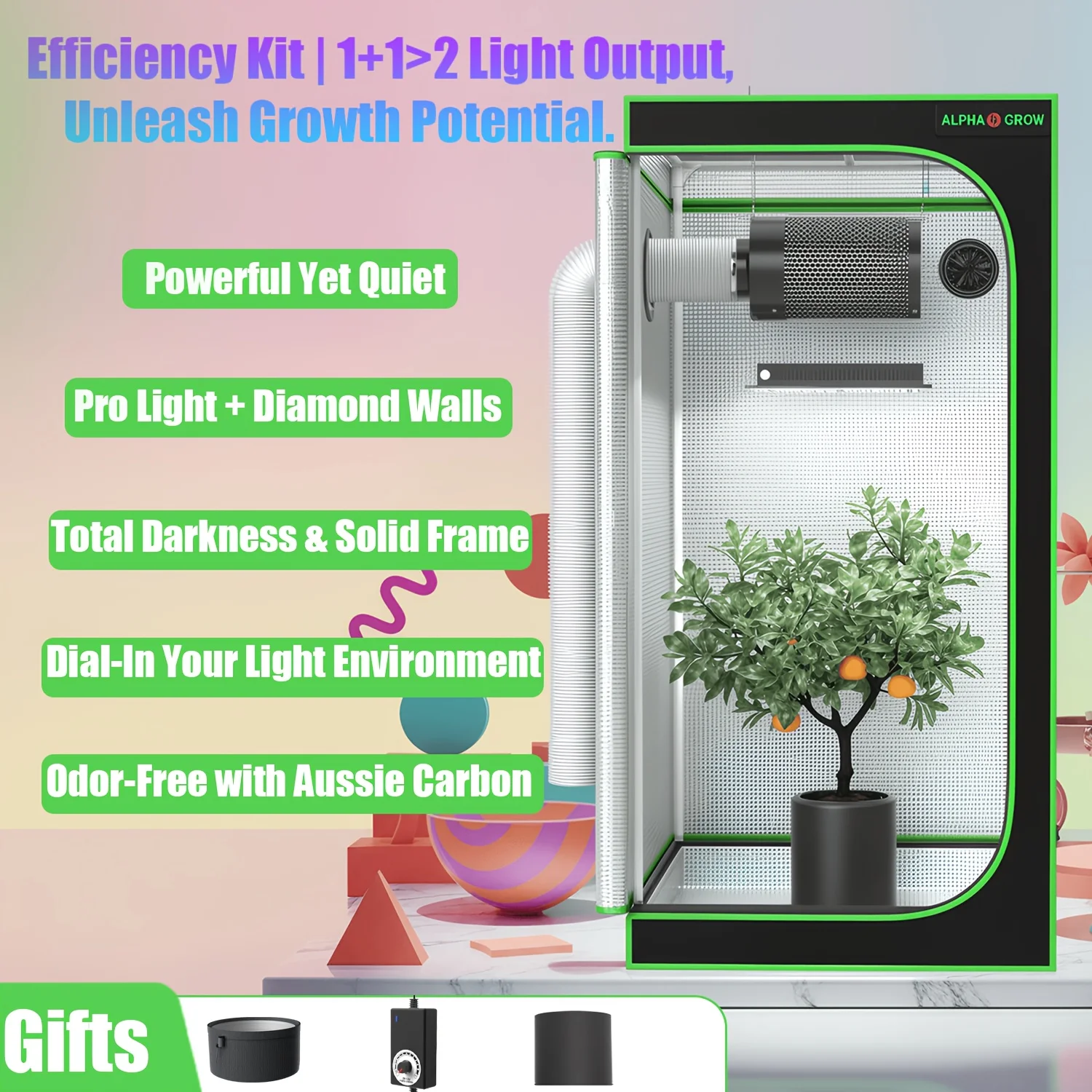 

Полный комплект палатки для выращивания в помещении ALPHAGROW 24 x 24 x 48 дюймов со встроенным вентилятором с угольным фильтром 210 куб. футов в минуту, полный спектр затемнения 100 Вт AG1000