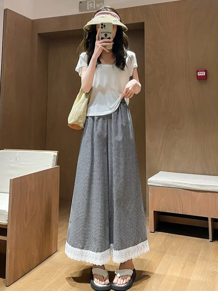 Pantalon décontracté à carreaux coréen pour femmes, été, nouveau, ample, jambes larges, jupe-pantalon, taille haute, amincissant, pantalon long, bordure en dentelle