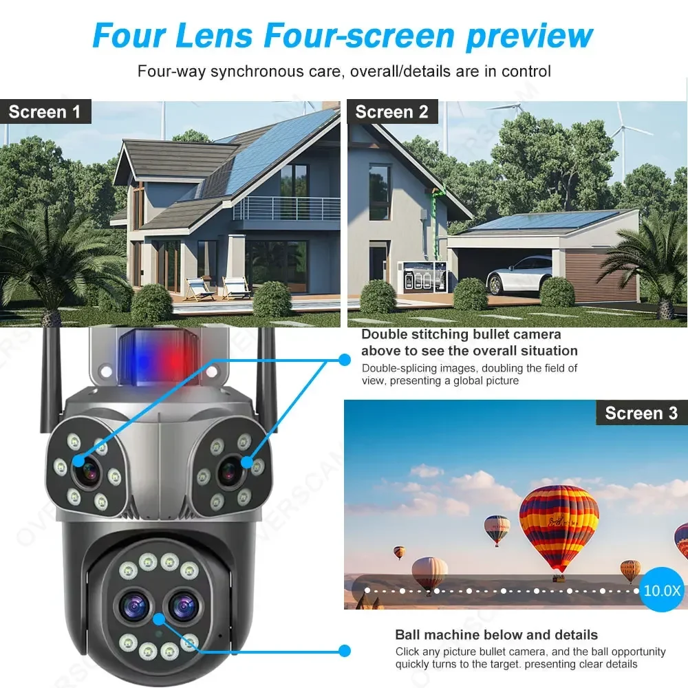 16MP 8K Security Camera 4 Lens 10X Zoom 3 Screens WiFi PTZ Camera Two Way Audio Auto Tracking Color Night Vision Carecam Pro APP