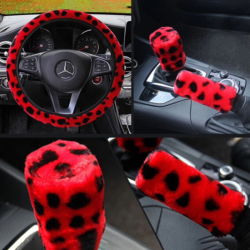 3Pcs /Set Leopard Fluff Plush Steering Wheel Cover Winter Car Accessories