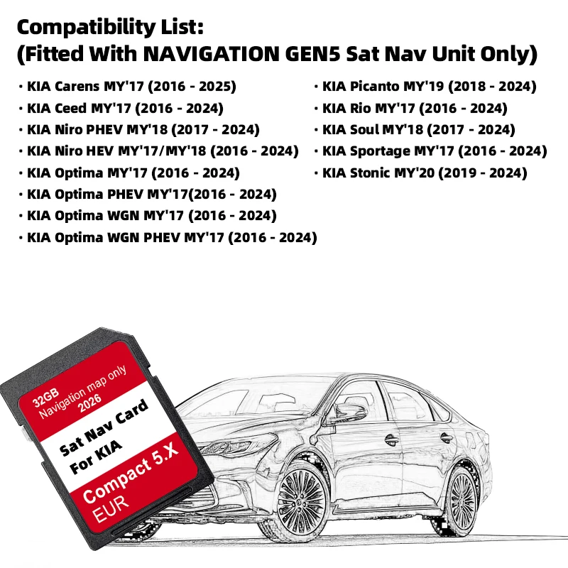 SD Card Navigation GEN5 Compact 5.X for KIA Carens Ceed Niro Optima Picanto Rio Soul Sportage Stonic Car GPS EU Map 2026 Version
