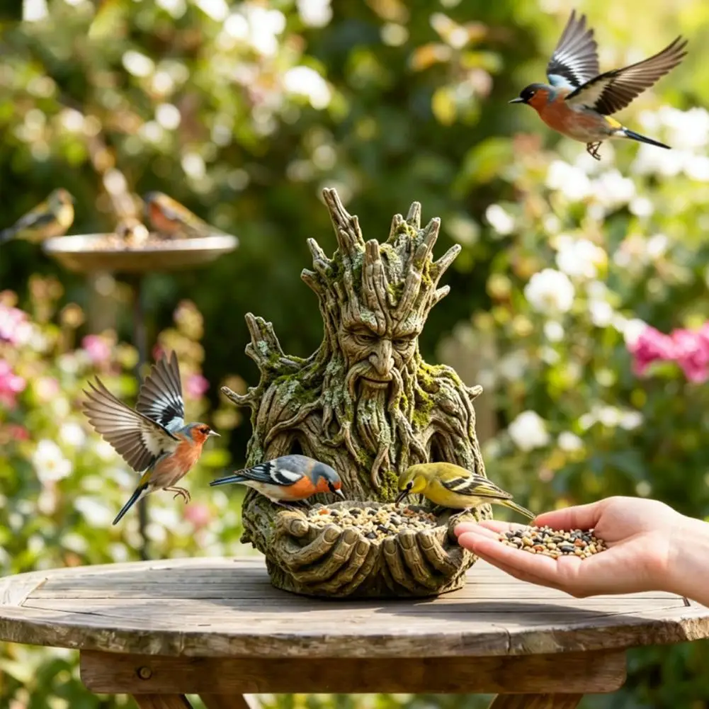 Mounted on Tree Bird Feeder Antique Bark Tree Man Statue Multifunctional Bird Feeder Resin Craft Outdoor Lawn Landscape Decor