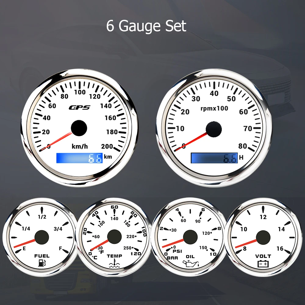 RHAXEL 6 Gauge Set 85mm Speedometer GPS 200KM/H 160MPH Tachometer Fuel Level Water Temp. 0-120℃ Oil Pressure Voltmeter 12V