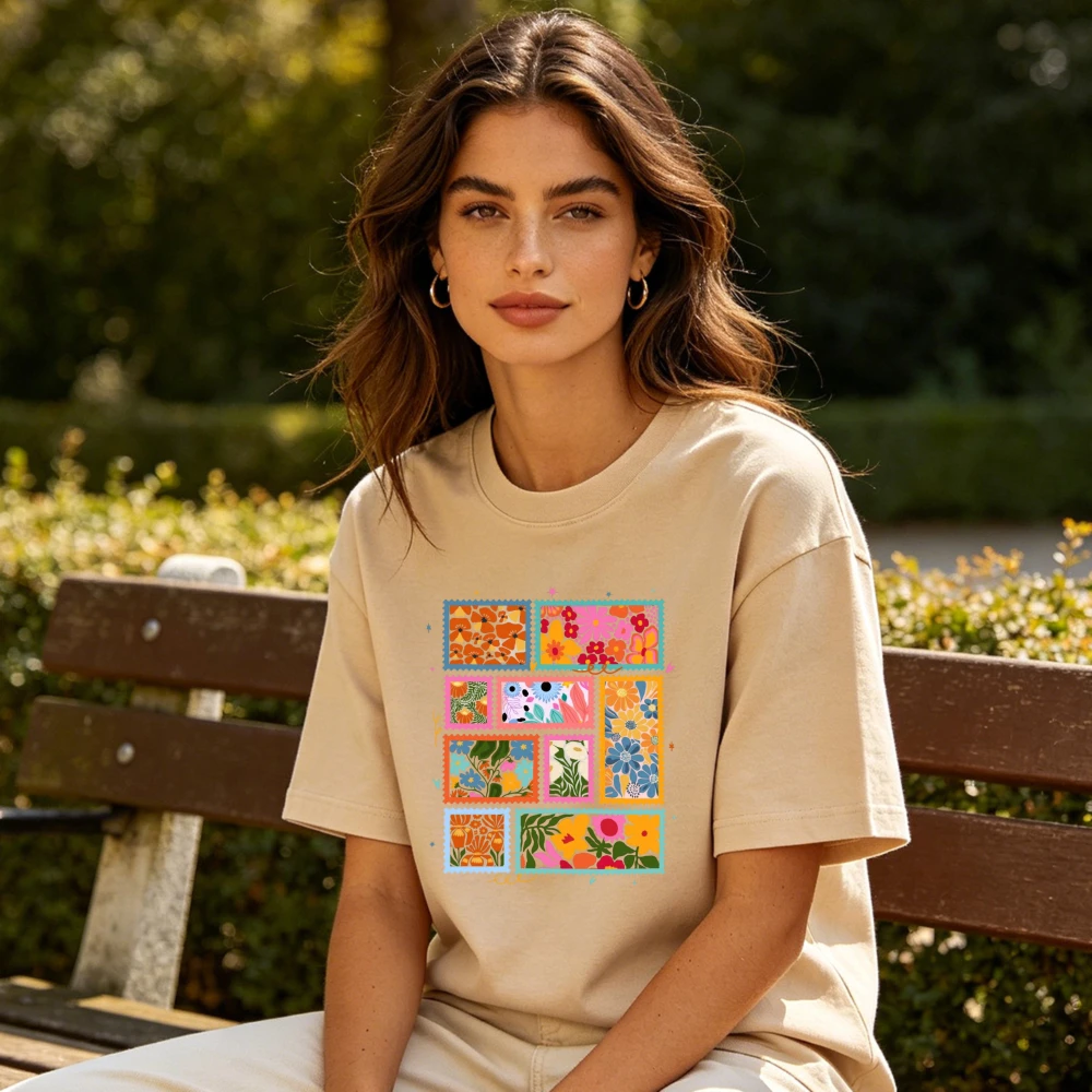 Colorful Floral Stamp Collage Graphic T-Shirt Retro Boho Flower Art Tee Bright Botanical Print Women Casual Cotton Short Sleeve