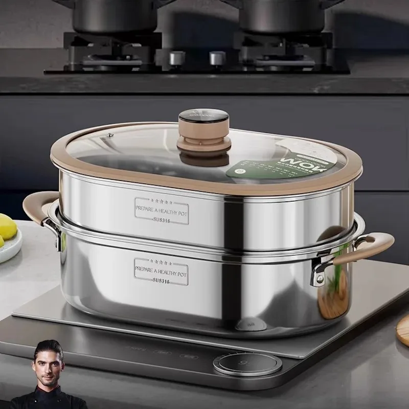 Large steamer cooker pot Fish steam pot 316 stainless steel Double boiler Rice noodle steamer pot for cooking Home appliances
