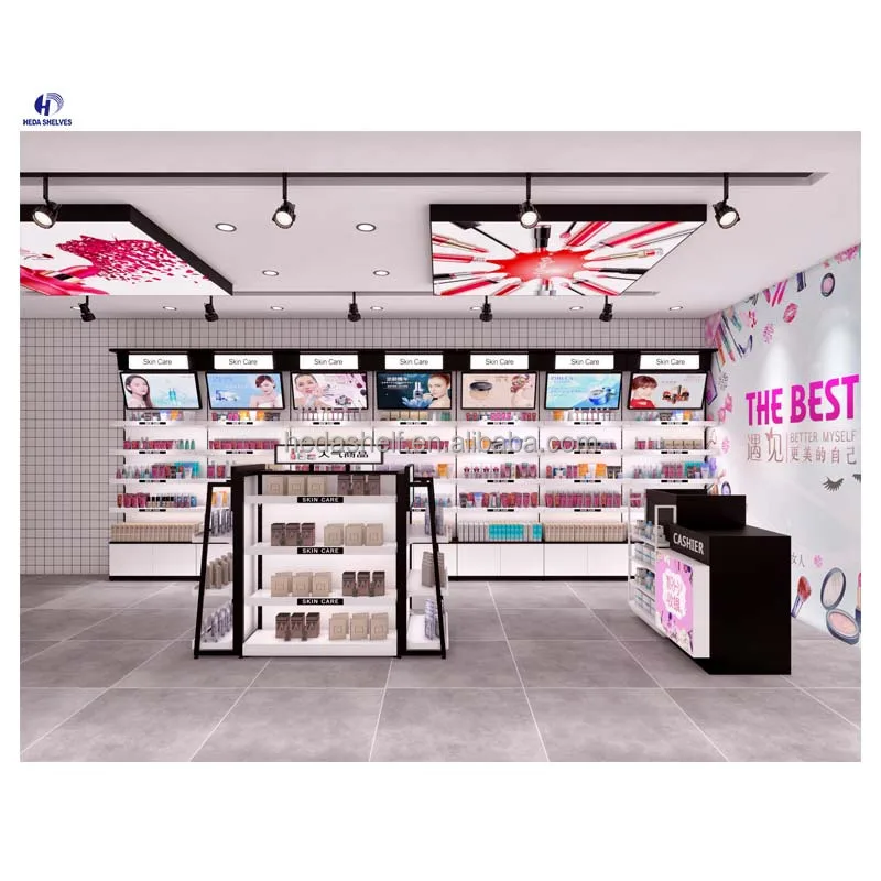 custom.New Design Modern Cosmetics Store Interior Design Retail Beauty Shop Makeup Cosmetic Store Fixture Wooden Display Shelvin