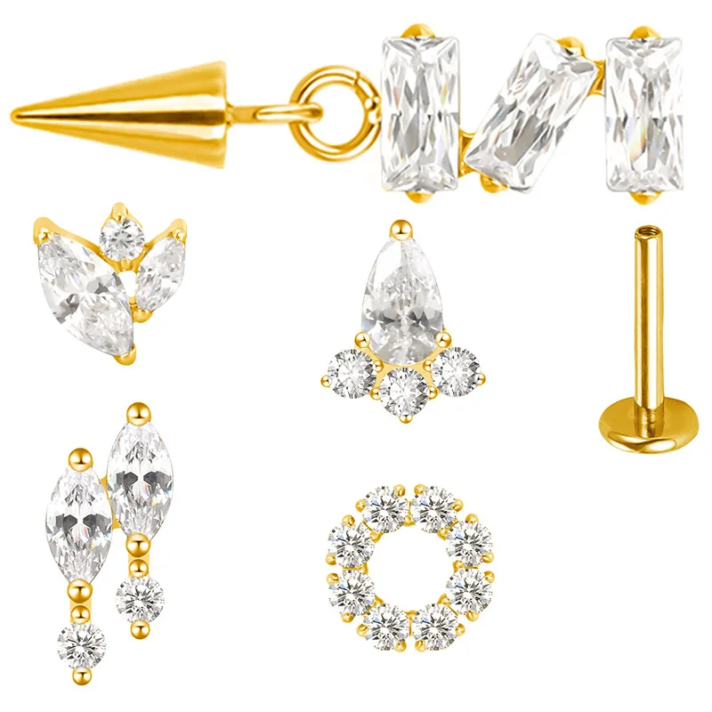 ASTM F136 Titan PIERC Ohrringe Birne/Kreis/3 Rechteck CZ gepflastert oben Gewinde Labret Ohr Lippe Ohrstecker Tragus Körperpiercing Schmuck