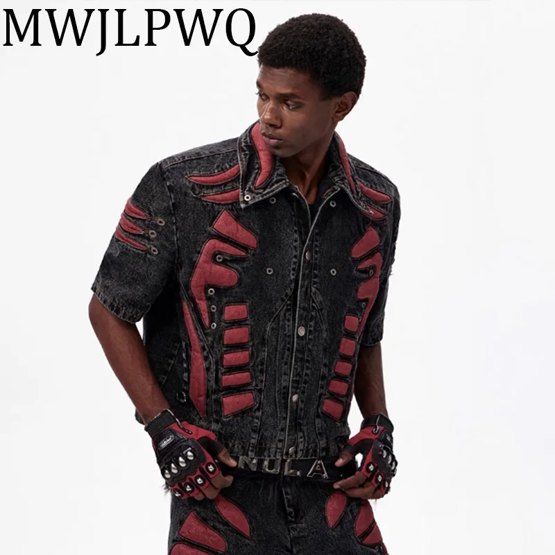 

MWJLPWQ Splicing Niche Design Denim Sets High Street Three-dimensional Male Lapel Jacket Washed Distress Summer Shorts 010483
