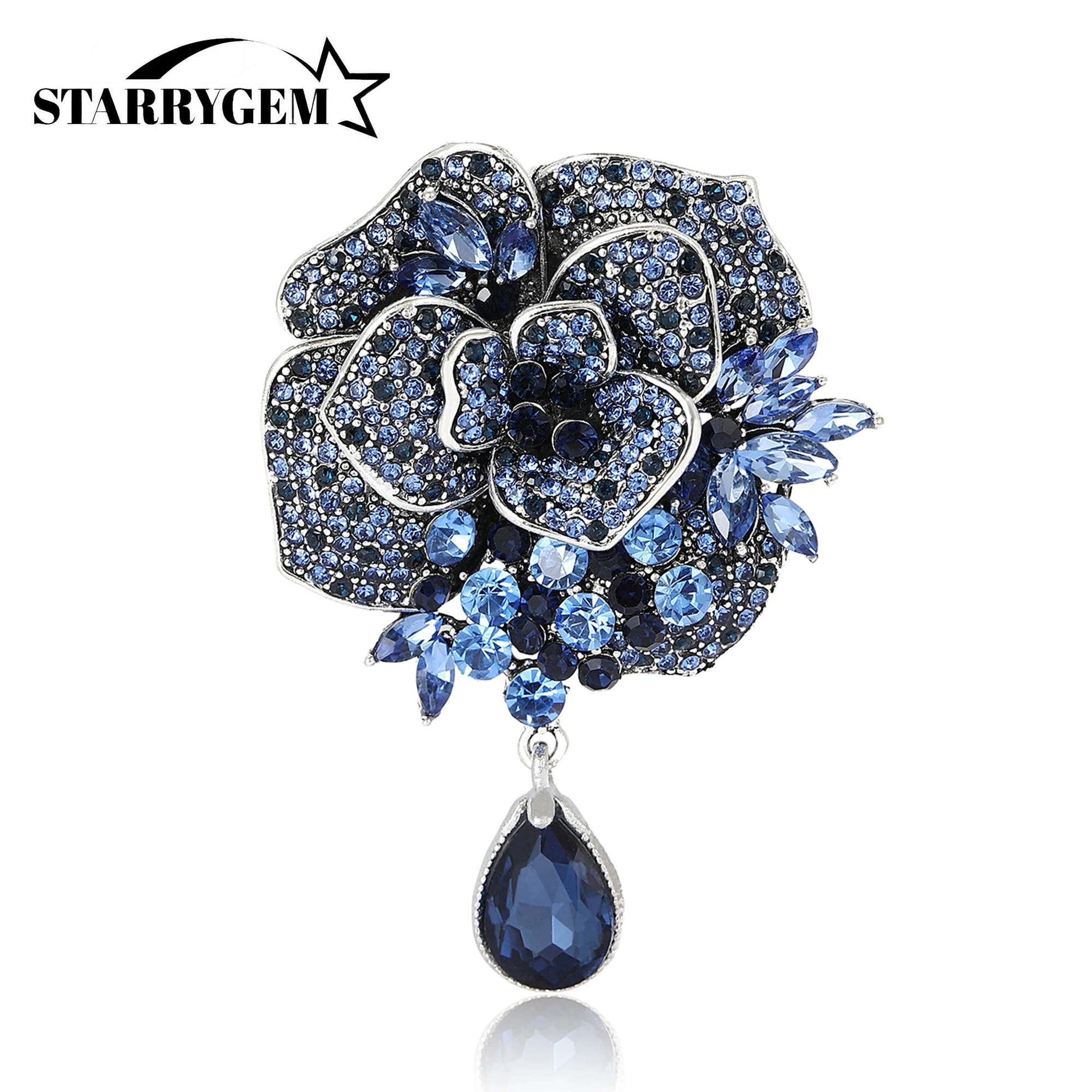 Rhinestone Heavy Pendant Flower Brooches for Women Unisex Glass Plant Pins Office Party Friend Gifts Jewelry Accessories