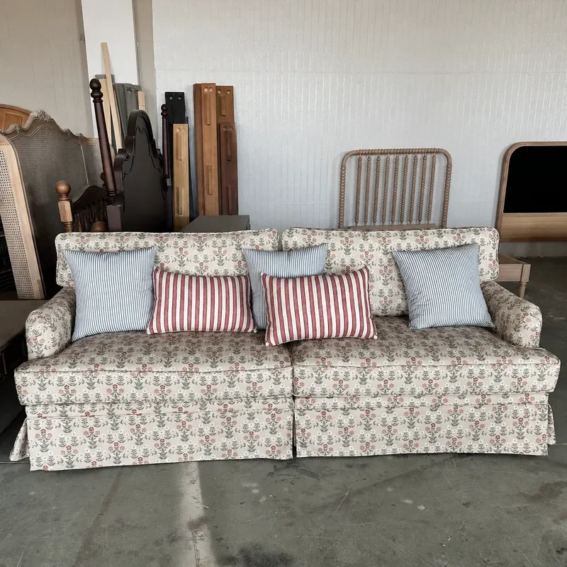 Printed Floral Fabric 3 Seater Sofa Solid Wood Frame Living Room Furniture for Small Apartment Home Leisure