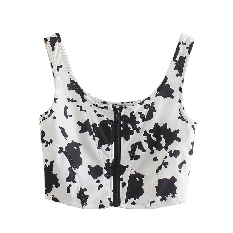 2023 New Women Summer Crop Top Cow Spots Printing Tops Fashion Y2k Lady Woman Sexy Zip Up Tank Top Casual Chic White Camisole