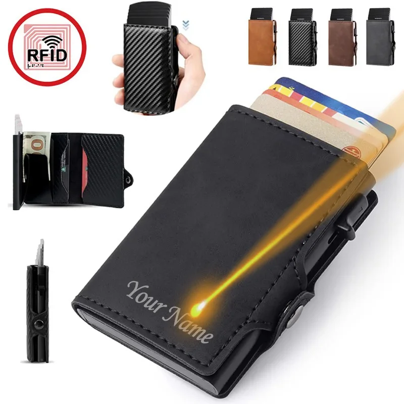 Customized Name RFID Blocking Credit Card Holder Men Women MIni Slim Pop-Up Wallet Carbon Fiber Id Bank Purse Father's Day Gifts