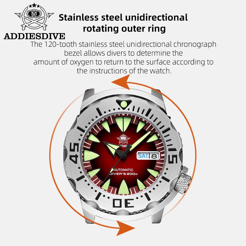 ADDIESDIVE AD2103 Men\'s Monster Watch Water resistant Luminous NH36 Dive With Date Window 316L Steel Automatic Mechanical Watch