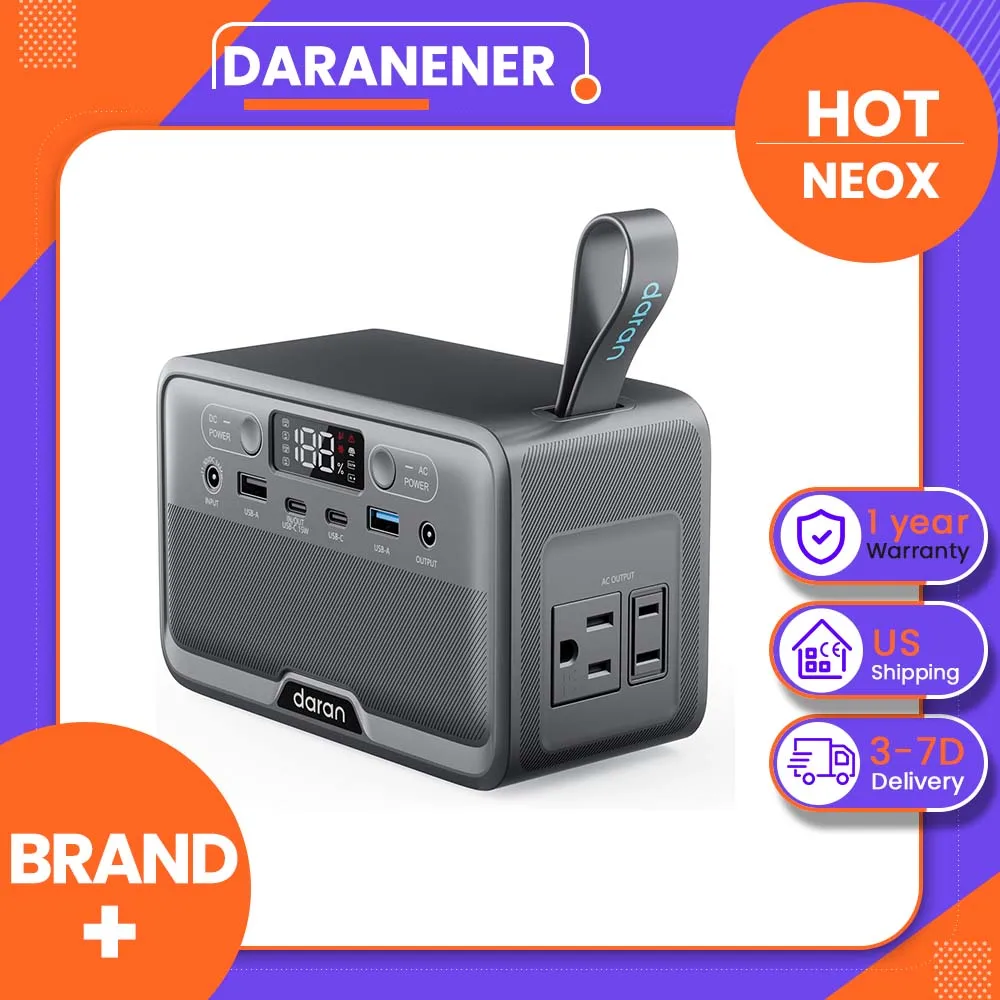Daranener  NEOX  Portable Power Station 192Wh, 300W AC Output, 2 AC Outlets, 60W USB-C PD, Fast Charging, Solar/Car/AC Recharge, Lightweight 5.84 lbs, BMS Protection for Camping, RV, Travel & Emergency Backup
