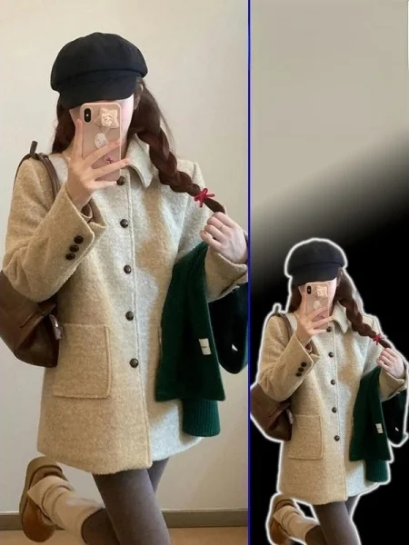 

plus Size Korean Sle Woolen Suit Jaet for Women Spring Season Ele Long Sve round Ne Coat Medium Length