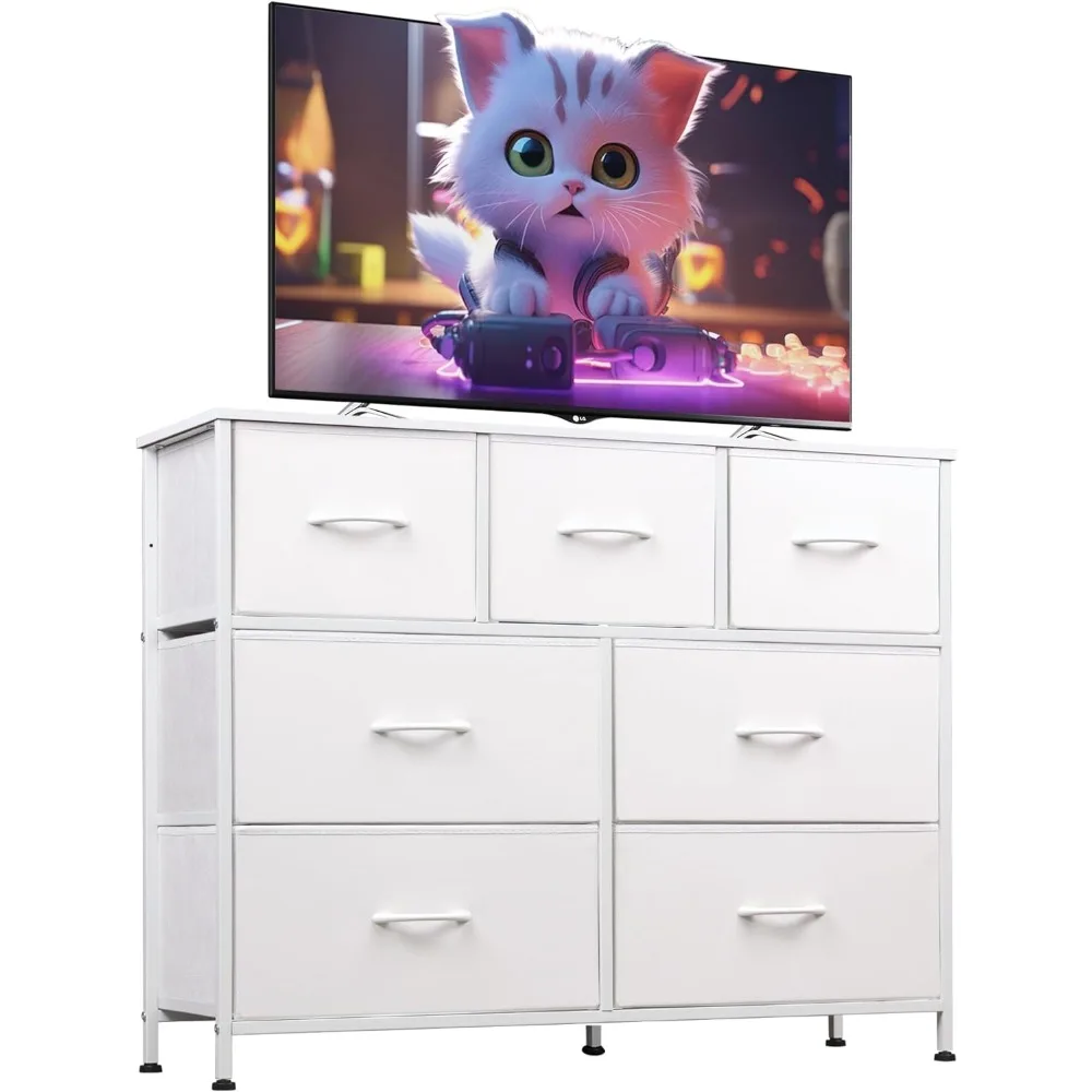 7 Drawer Dresser TV Stand: Bedroom Storage, Fabric Tower, Multi-Purpose, Steel Frame, Wooden Top, Simple Handle, White