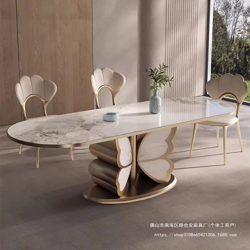 

Light luxury rock slab dining table luxury stone bright designer stainless steel Italian villa rectangular