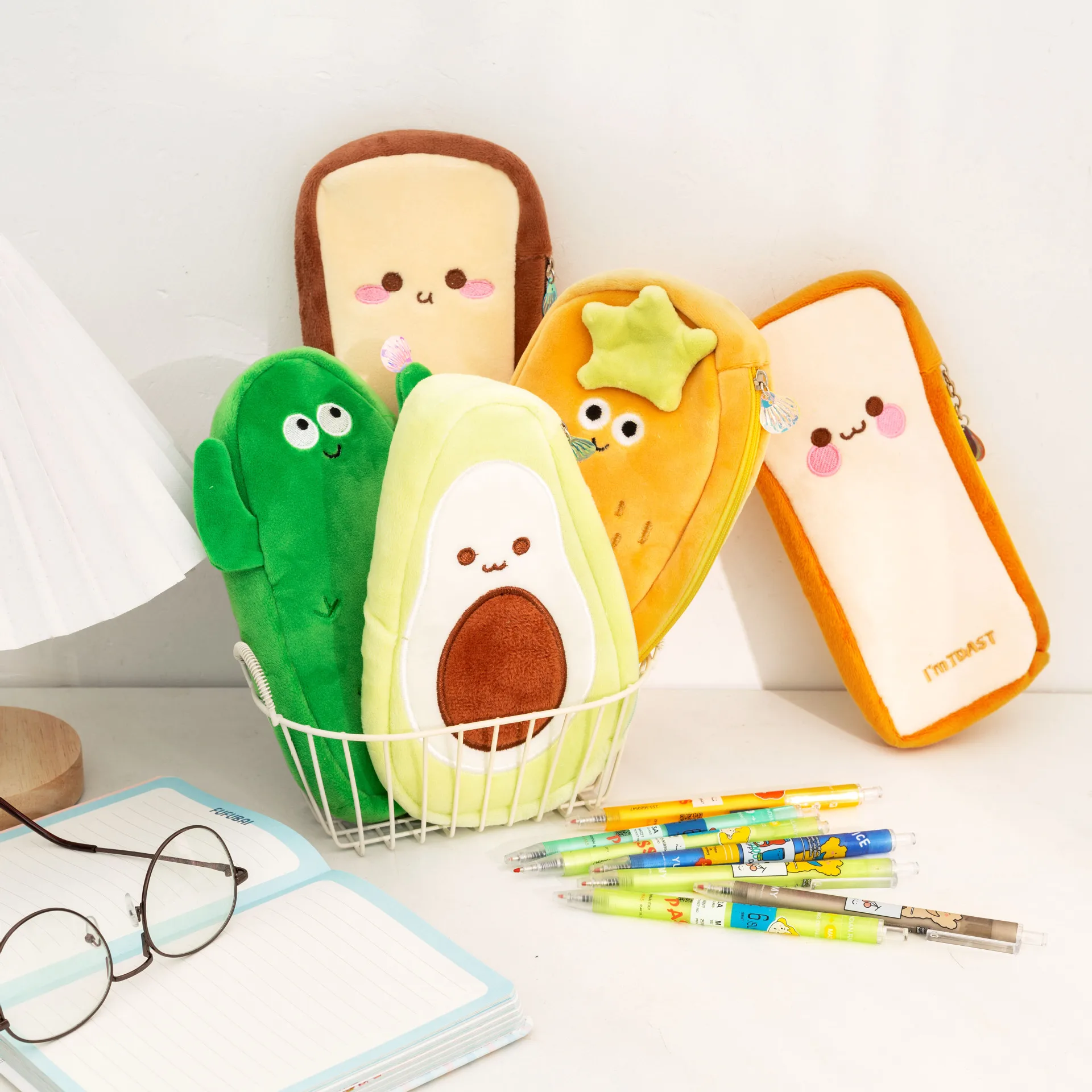 

Creative toast biscuits, pen bag, cactus, strawberry, avocado, plush large capacity pen case, korean stationery school supplies