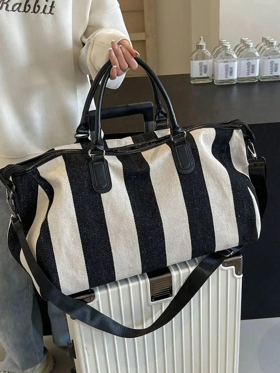 

Striped Canvas Duffle Bag With Detachable Strap, Large Capacity For Travel Gym Weekend And Business Trips