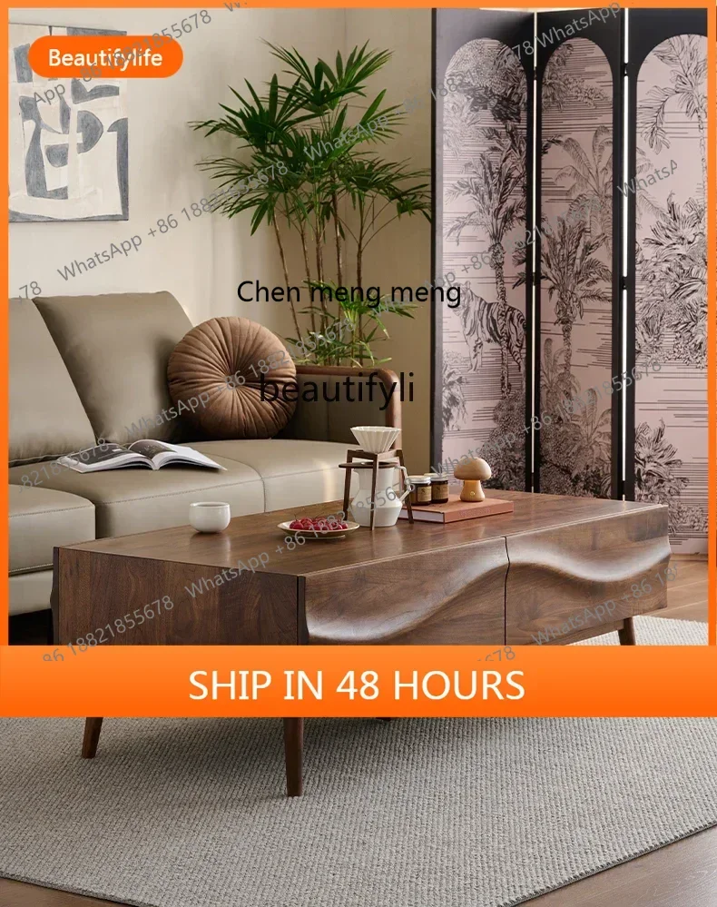 

cn8350 ss Solid wood coffee table household living room storage rectangular tea table medieval low table